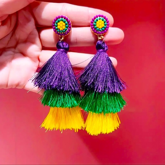 Jewelry - Mardi Gras Beaded Stud Tassel Earrings